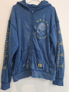 Affliction Men’s Sin City Hoodie Blue Graphic Skull Y2K Vintage 2XL Grunge Goth